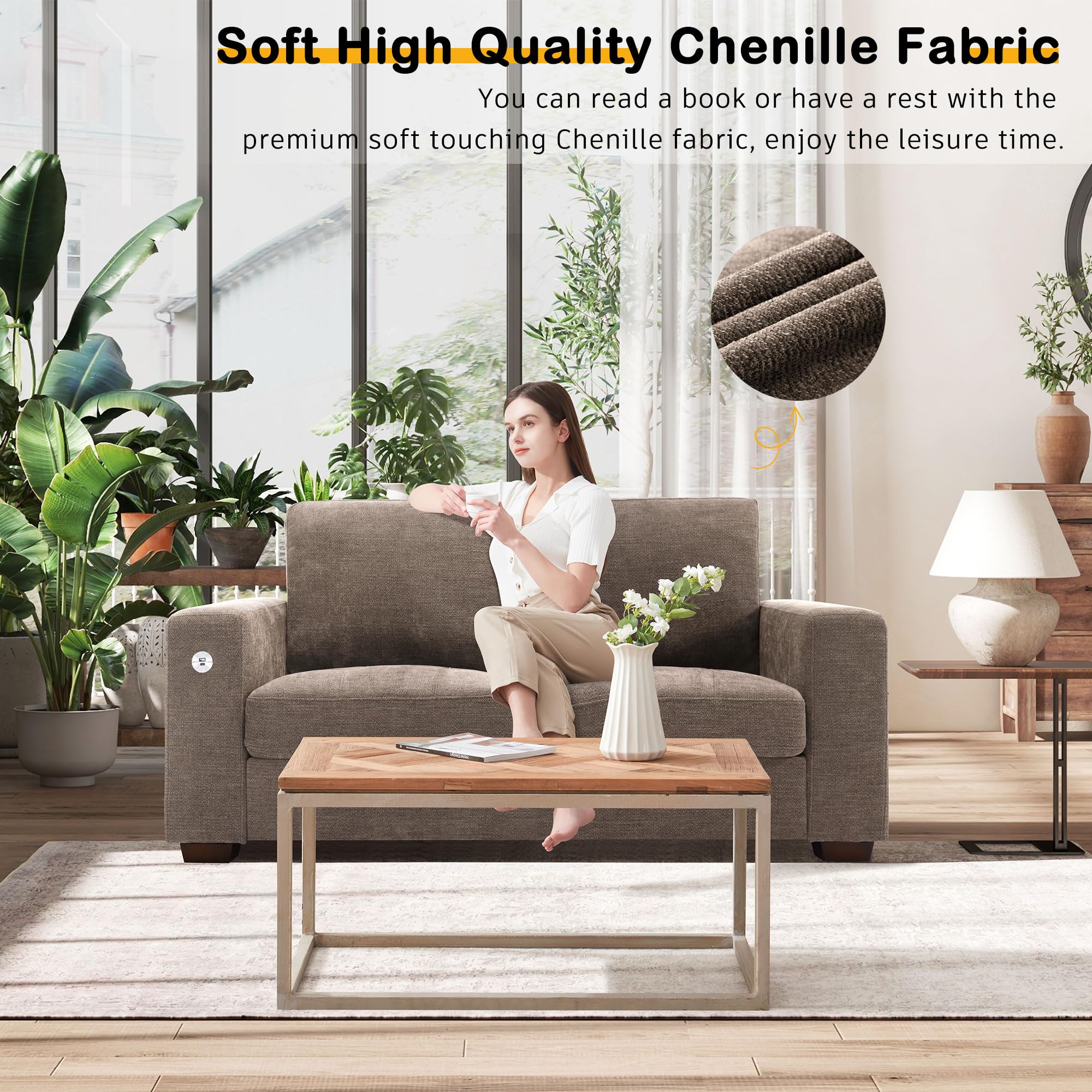 70" Loveseat Sofa for Living Room, Modern Comfy Couch with Medium Firm Cushion, Removable Cover, Wide Armrest, USB/Type-C Port, Chenille