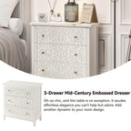 3-Drawer Fully-Assembled Flower Motif Dresser for French Country, Farmhouse, Modern, Rustic Style, Distressed Finish, White-Washed