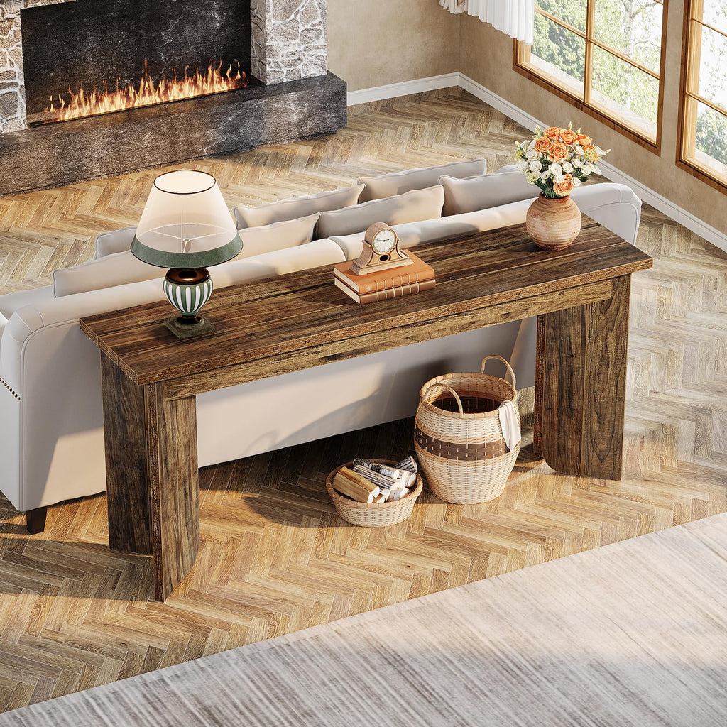 70.9" Farmhouse Console Table, Extra Long Wood Sofa Table with Widened Top & Double Pedestal Base for Living Room, Hallway, Foyer, Rustic Brown