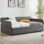 Twin Daybed with Trundle, Linen Upholstered Sofa Bed with Arm & Backrest, No Box Spring Needed, Twin Size Day Bed for Bedroom, Gray