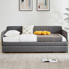 Twin Daybed with Trundle, Linen Upholstered Sofa Bed with Arm & Backrest, No Box Spring Needed, Twin Size Day Bed for Bedroom, Gray