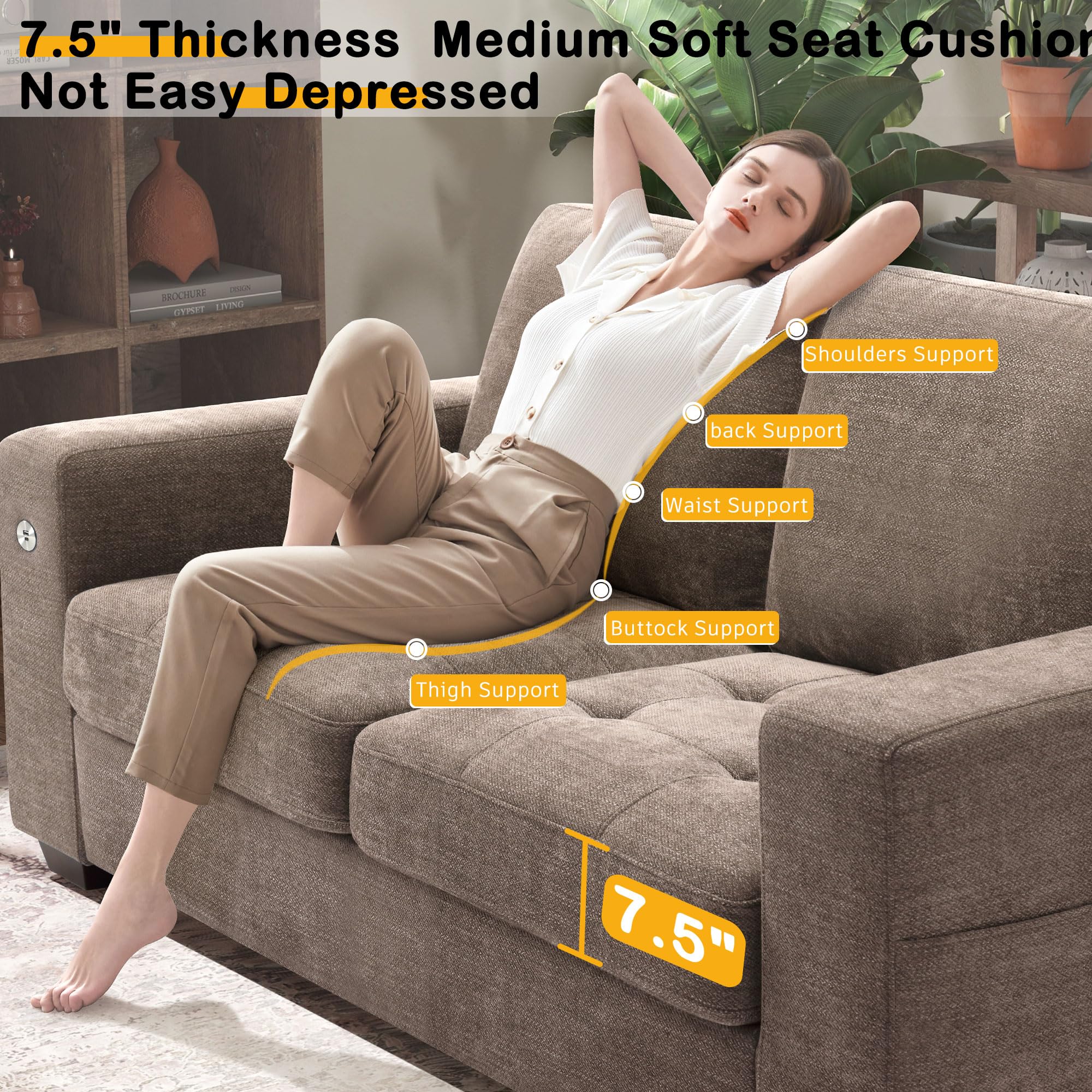 70" Loveseat Sofa for Living Room, Modern Comfy Couch with Medium Firm Cushion, Removable Cover, Wide Armrest, USB/Type-C Port, Chenille