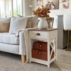 End Table Living Room Set of 2 - Farmhouse Bedroom Nightstands Small Bedside Table, Ivory White Side Table