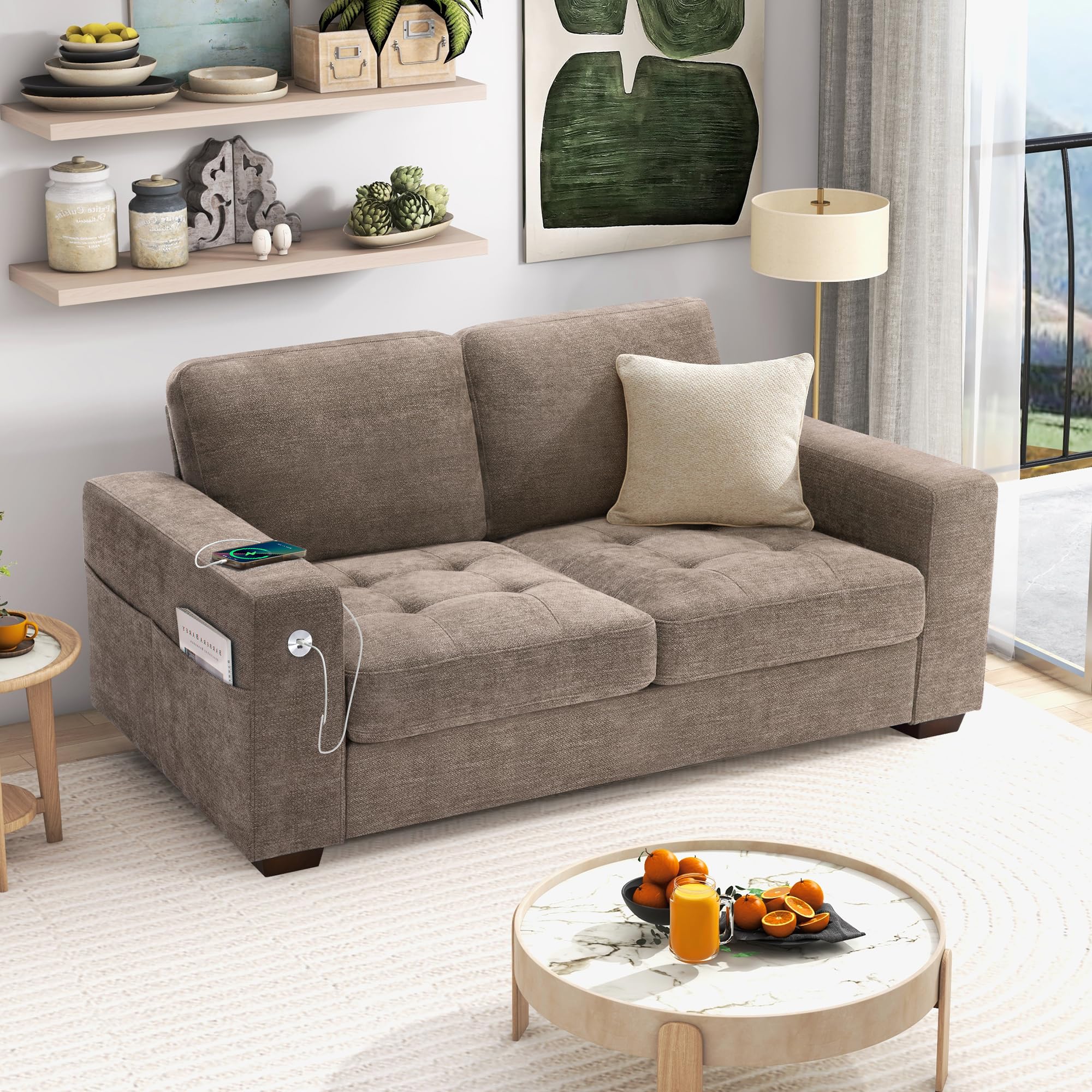 70" Loveseat Sofa for Living Room, Modern Comfy Couch with Medium Firm Cushion, Removable Cover, Wide Armrest, USB/Type-C Port, Chenille