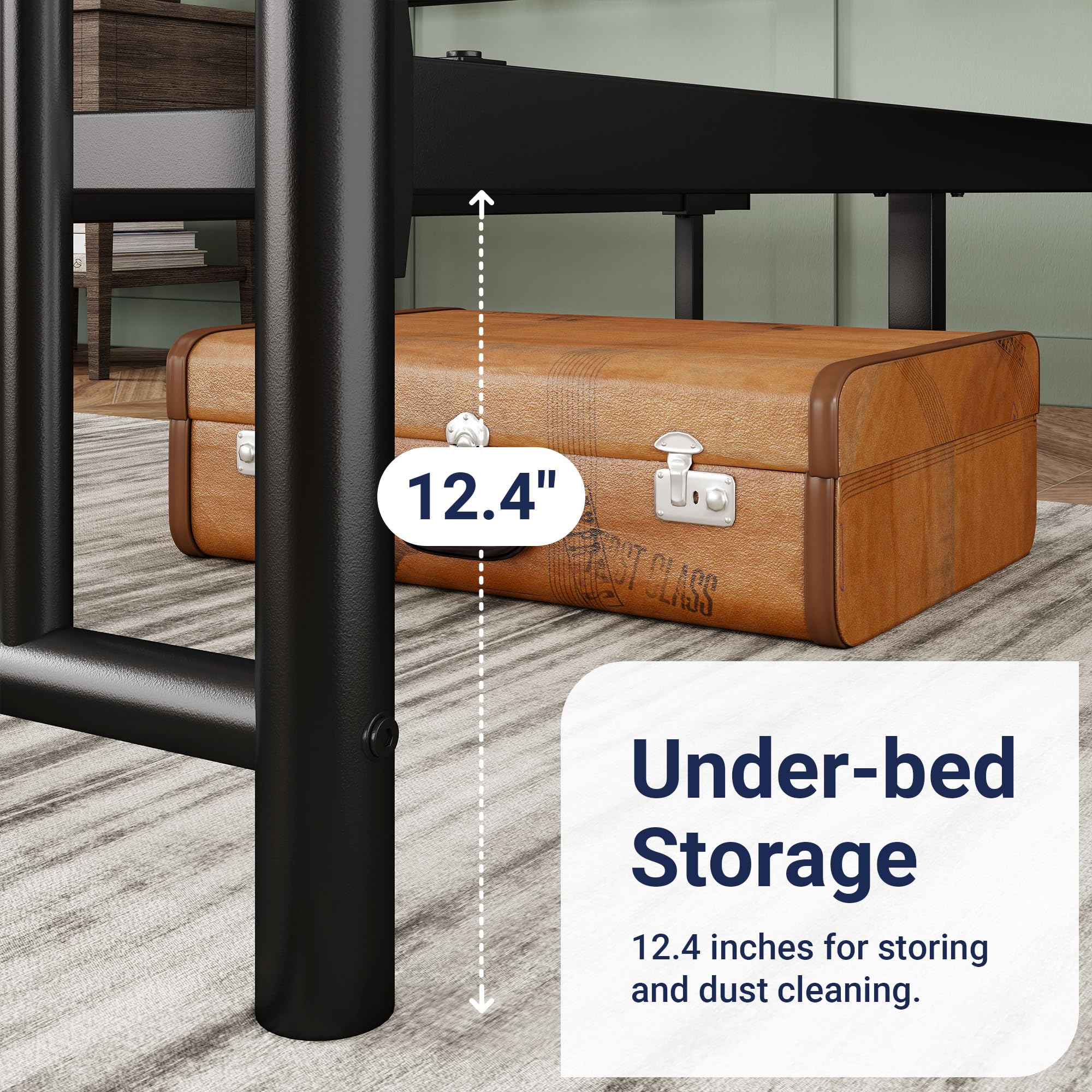 14 Inch Queen Size Metal Platform Bed Frame with Victorian Vintage Headboard and Footboard/Under Bed Storage///Noise Free//Black