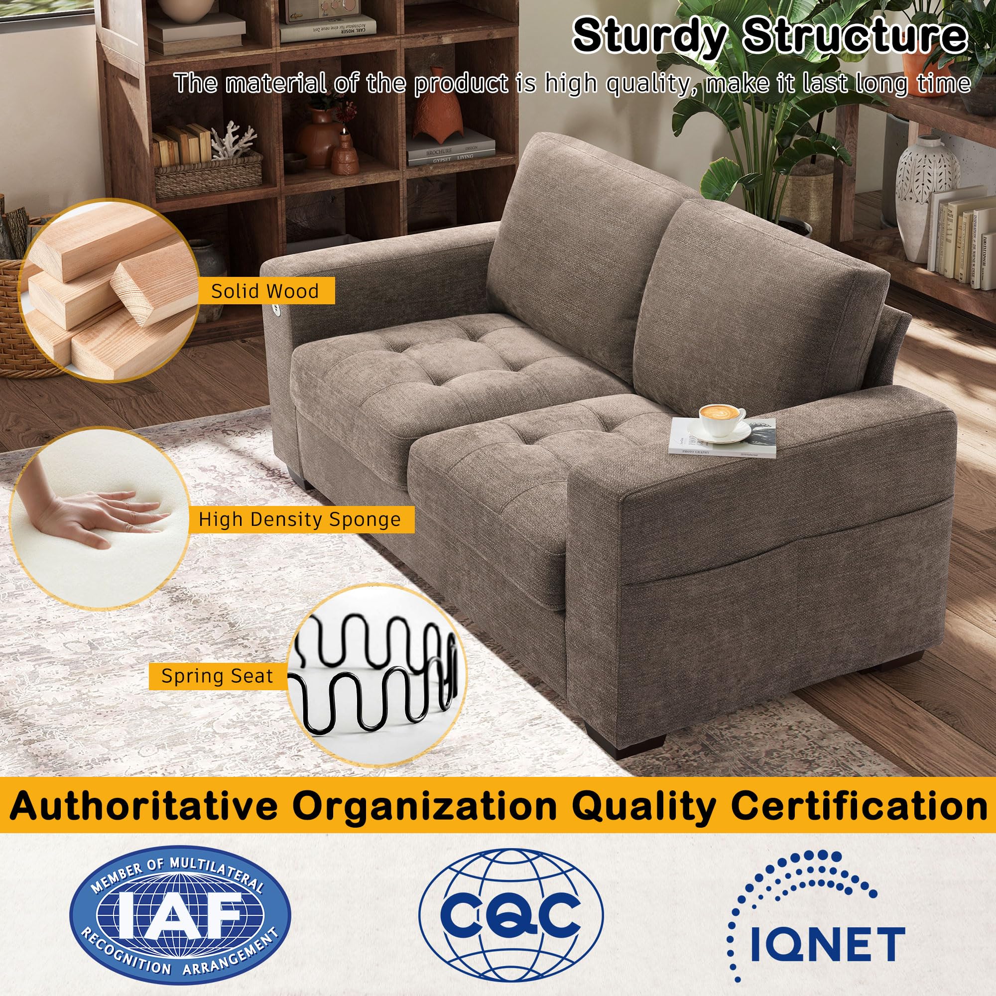 70" Loveseat Sofa for Living Room, Modern Comfy Couch with Medium Firm Cushion, Removable Cover, Wide Armrest, USB/Type-C Port, Chenille