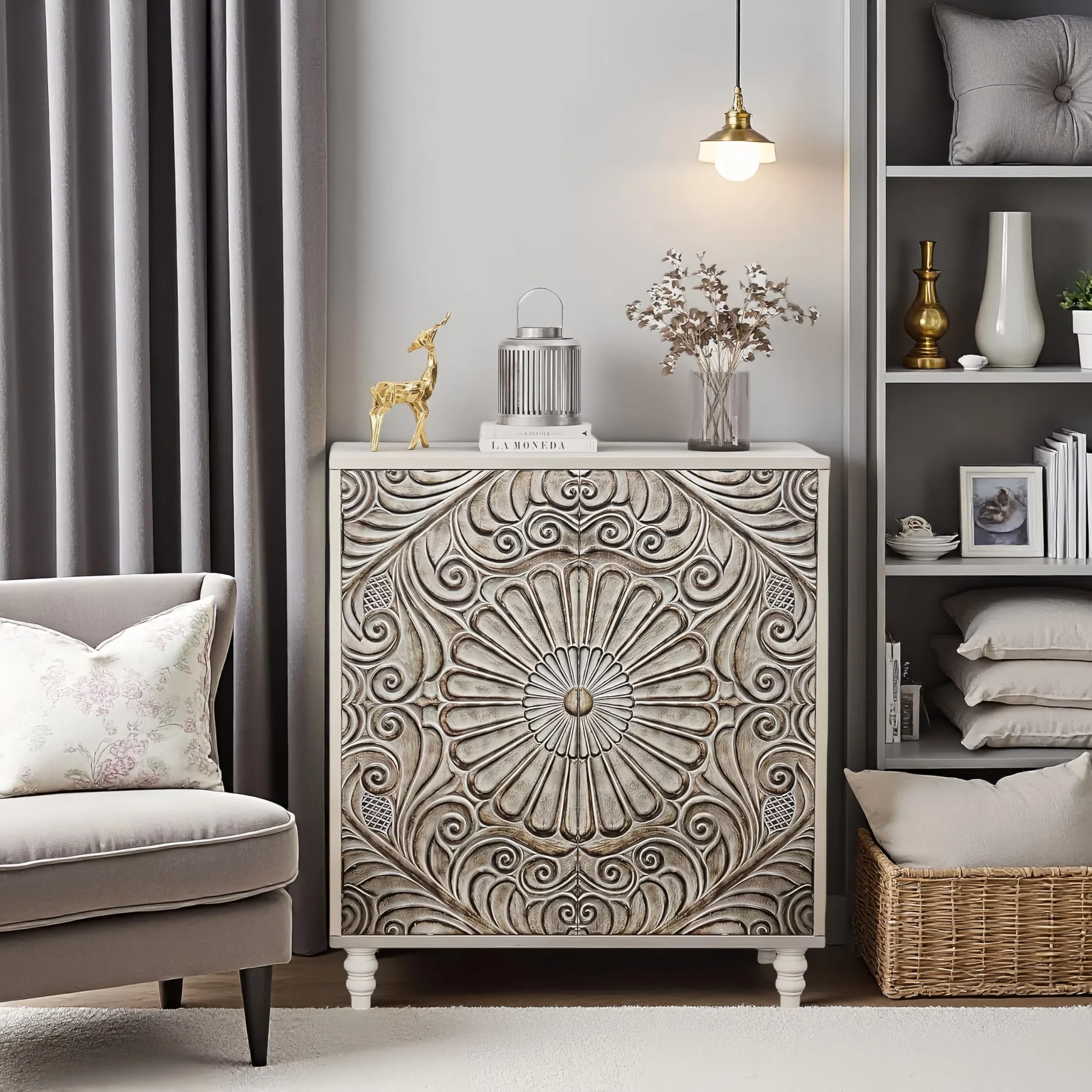 32" Sideboard Buffet Cabinet with Storage, Accent Cabinet with 2 Push-to-Open Doors, Vintage MDF Table for Kitchen, Living Room, Gray