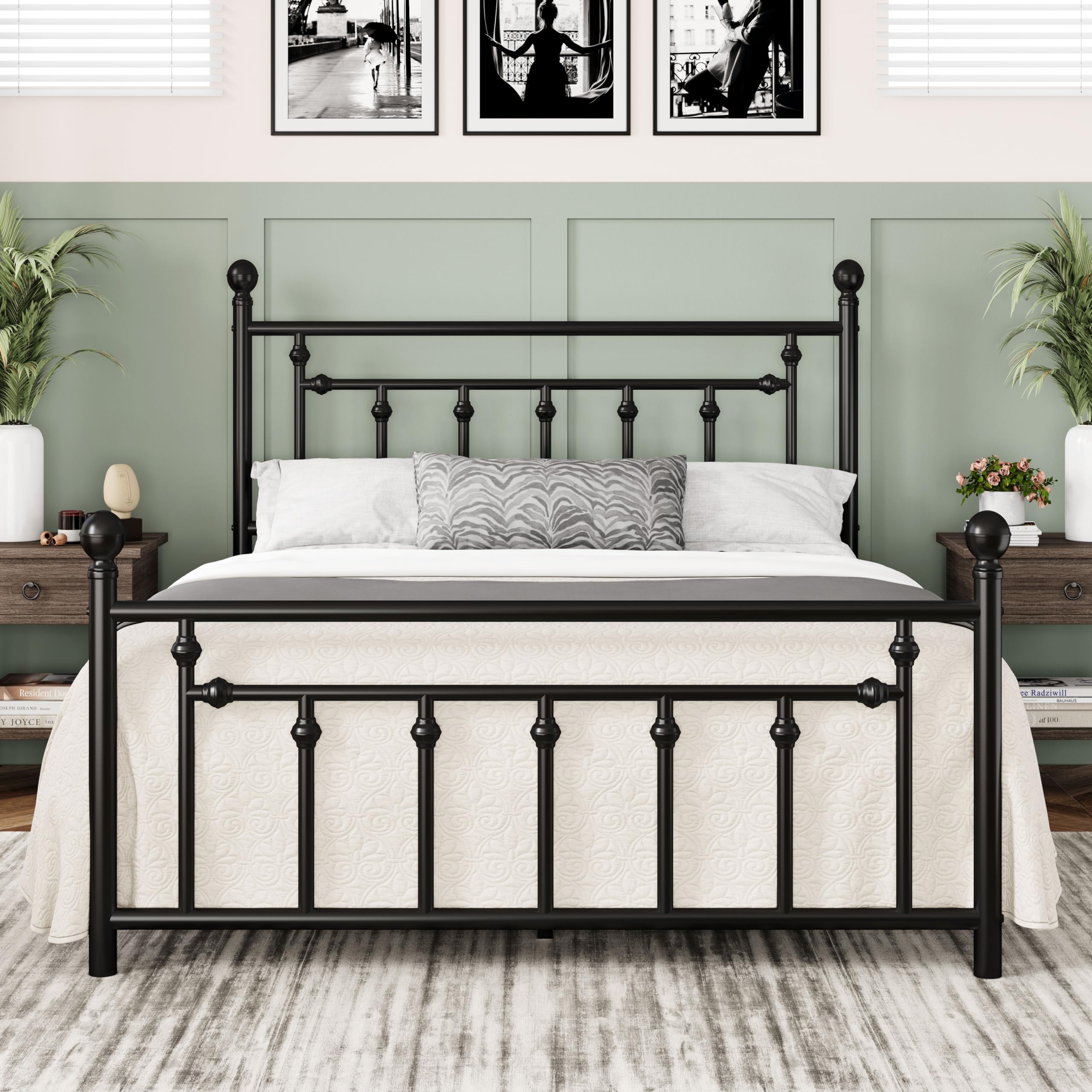 14 Inch Queen Size Metal Platform Bed Frame with Victorian Vintage Headboard and Footboard/Under Bed Storage///Noise Free//Black