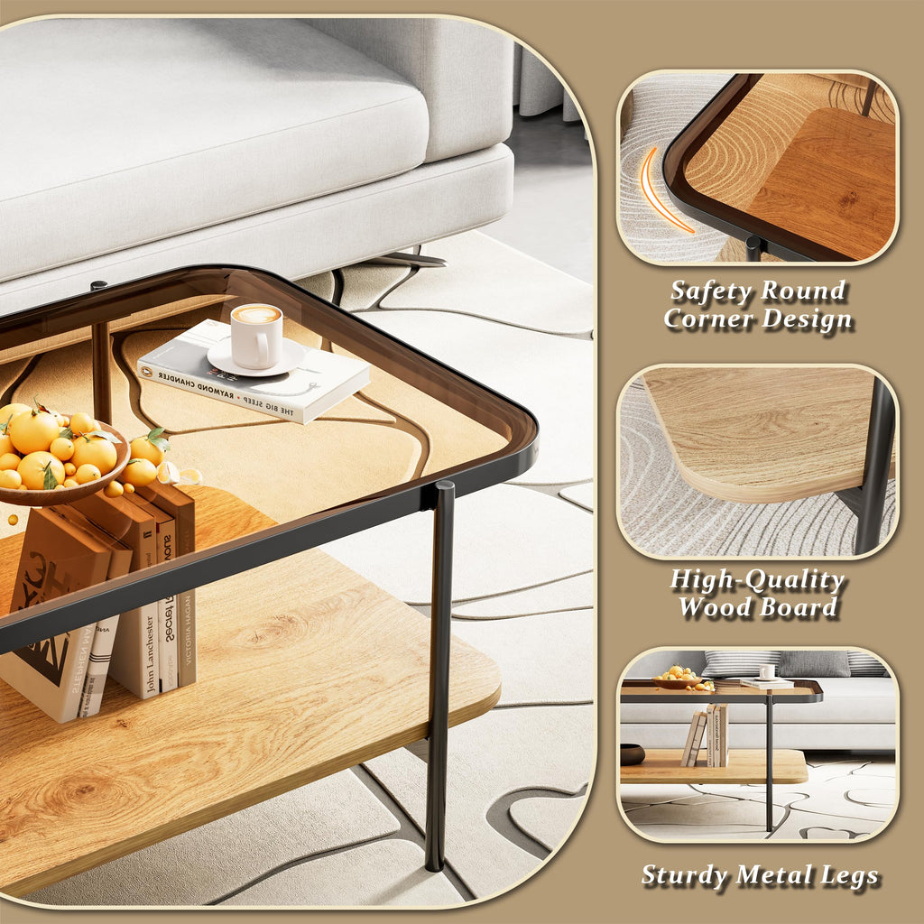 Modern Brown Glass Coffee Table, 2-Tier Rectangular Center Table with Metal Legs & Wood Storage, Rounded Corners for Living Room or Office
