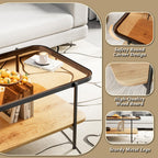 Modern Brown Glass Coffee Table, 2-Tier Rectangular Center Table with Metal Legs & Wood Storage, Rounded Corners for Living Room or Office