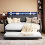 Full Daybed with Pop-Up Trundle, LED Light, Upholstered Storage Headboard & Charging Station, Heavy-Duty Metal Frame, Black