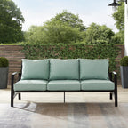 Kaplan Outdoor Sofa with Steel Frame, 3-Person Patio Couch for Porch, Deck, Backyard, Oiled Bronze with Mist Cushions