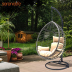 Hanging Wicker Egg Swing Chair with Stand, Indoor Outdoor Rattan Chair with Cushions, 66 lbs Capacity, Powder-Coated Steel Frame, Brown