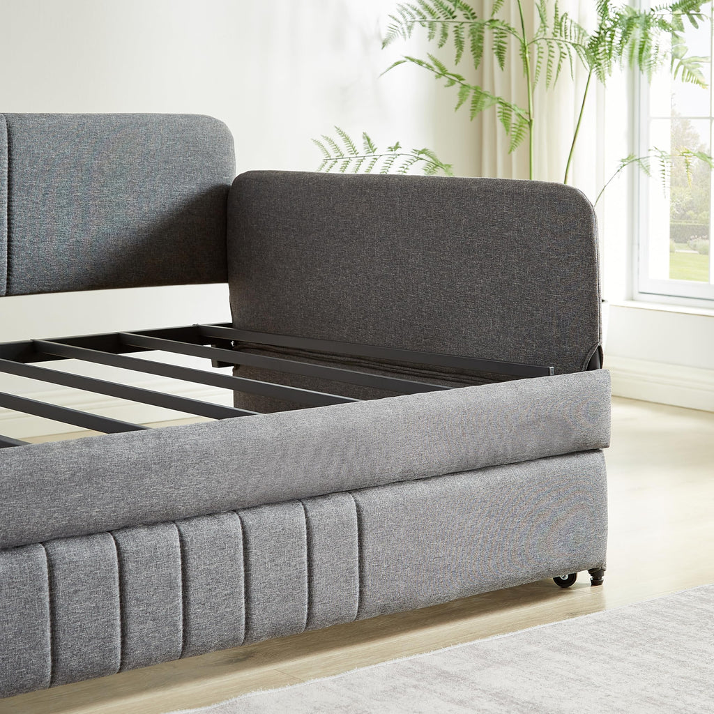 Twin Daybed with Trundle, Linen Upholstered Sofa Bed with Arm & Backrest, No Box Spring Needed, Twin Size Day Bed for Bedroom, Gray